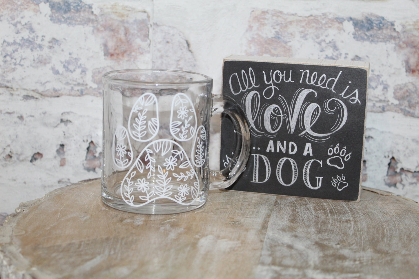 Floral Dog Paw Glass Mug